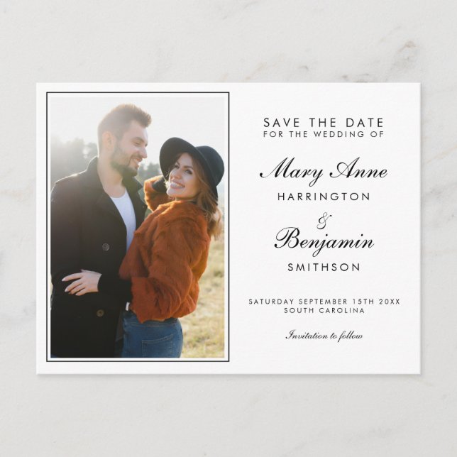 Invitation Carte Postale Mariage noir blanc minimal moderne Enregistrer la  (Devant)