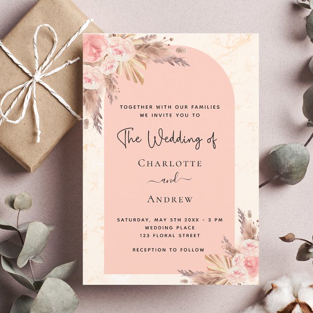 Invitation Carte Postale Mariage pampas herbe rose or blush boho (Créateur téléchargé)