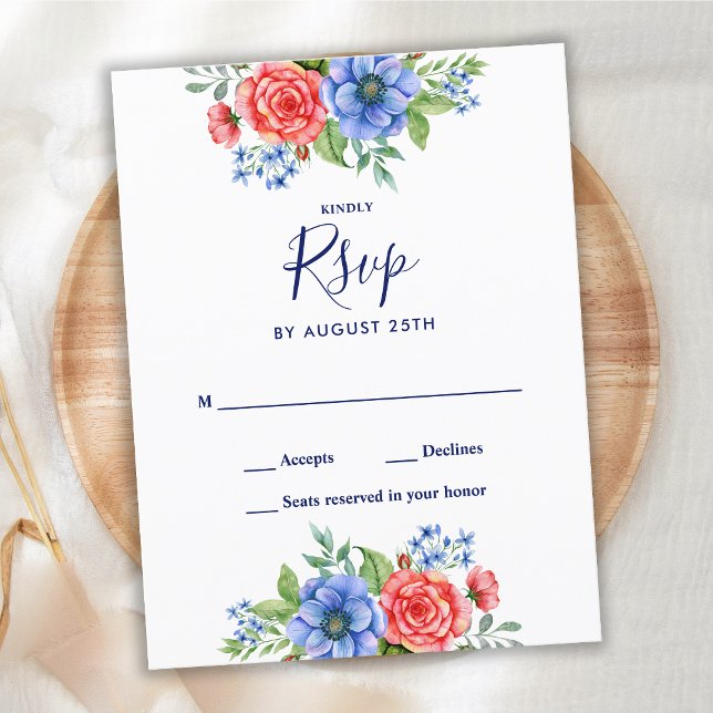 Invitation Carte Postale Mariage Patriotique Floral Rouge Blanc Bleu RSVP (Créateur téléchargé)