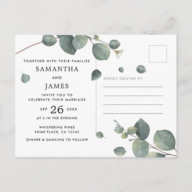Invitation Carte Postale Mariage photo Eucalyptus couleur simple (Devant)