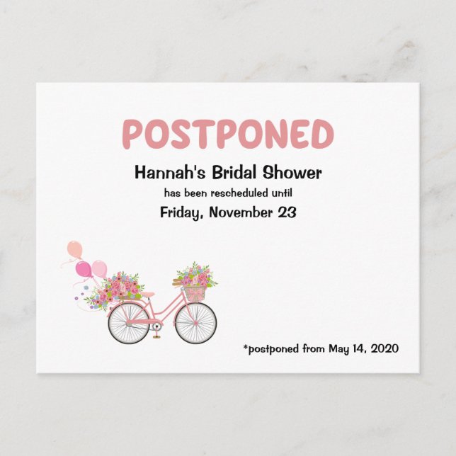 Invitation Carte Postale Mariage Reporté Fleurs et Vélo (Devant)