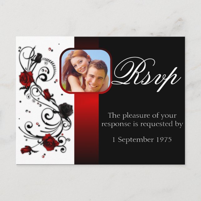 Invitation Carte Postale Mariage Rose moderne rouge et noir RSVP (Devant)