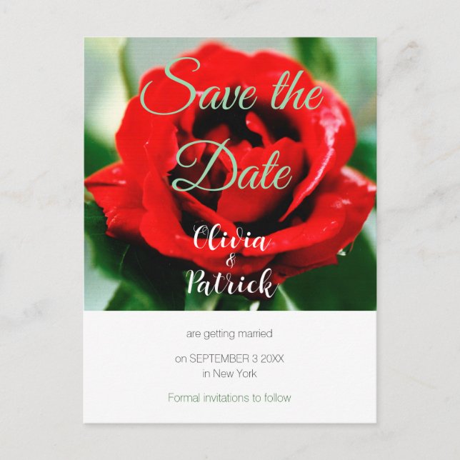 Invitation Carte Postale Mariage Rose Rouge Enregistrer la Date  (Devant)