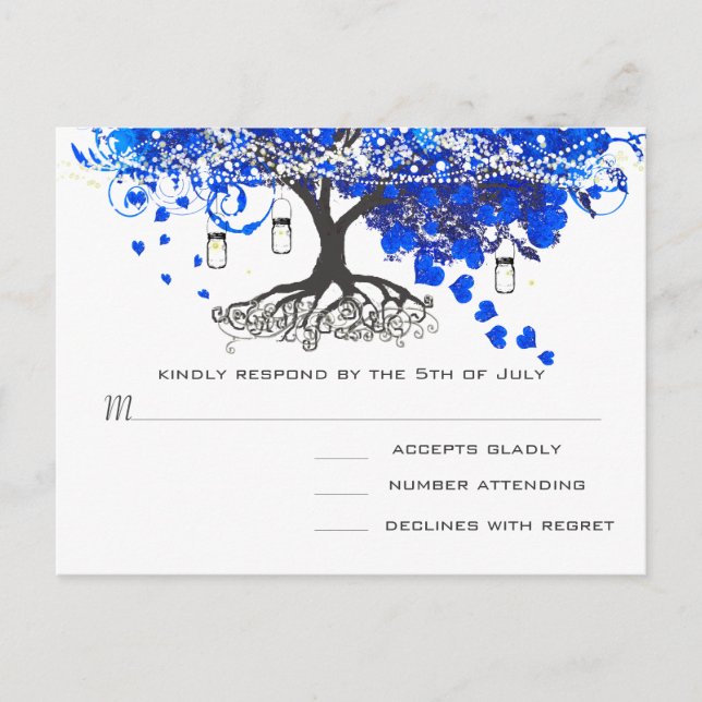 Invitation Carte Postale Mariage Royal Blue Heart Leaf Tree (Devant)