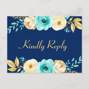 Invitation Carte Postale Mariage RSVP - Aquarelle Marine Blue Gold Floral