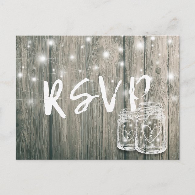 Invitation Carte Postale Mariage RSVP Bois rustique & Mason Jar Lumières à  (Devant)