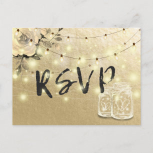Invitation Carte Postale Mariage RSVP Floral Mason Jar String Lumières Or