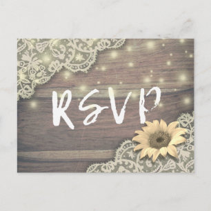 Invitation Carte Postale Mariage RSVP Lace Tournesol Bois et lumières à cor