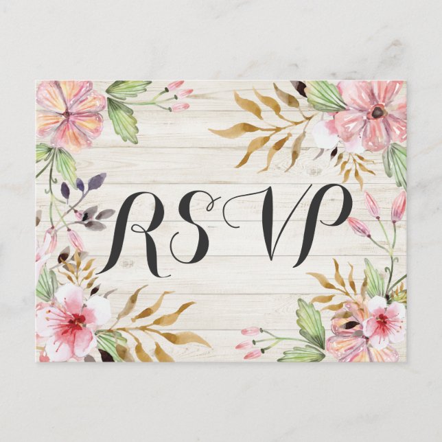 Invitation Carte Postale Mariage RSVP Répondre Aquarelle Fleurs Bois rustiq (Devant)