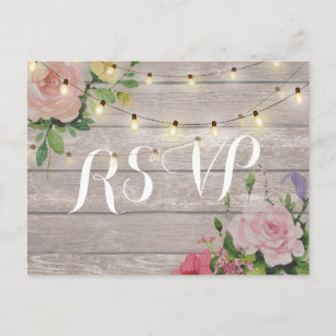 Invitation Carte Postale Mariage Rustique Fleurs Bois Guirlande Lumineuse R