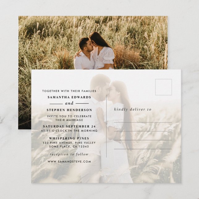Invitation Carte Postale Mariage simple moderne à 2 photos (Devant / Derrière)