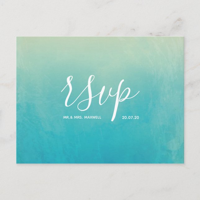 Invitation Carte Postale Mariage sur la plage à l'aquarelle bleue Rsvp (Devant)