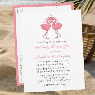 Invitation Carte Postale Mariage tropical de plage hawaïen Flamant rose