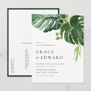 Invitation Carte Postale Mariage tropical Monstera Code QR aquarelle