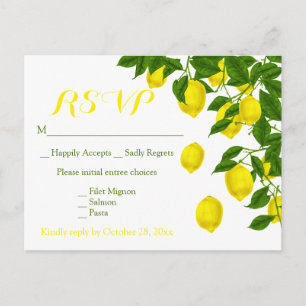 Invitation Carte Postale Mariage vert citrons d'aquarelle jaune RSVP