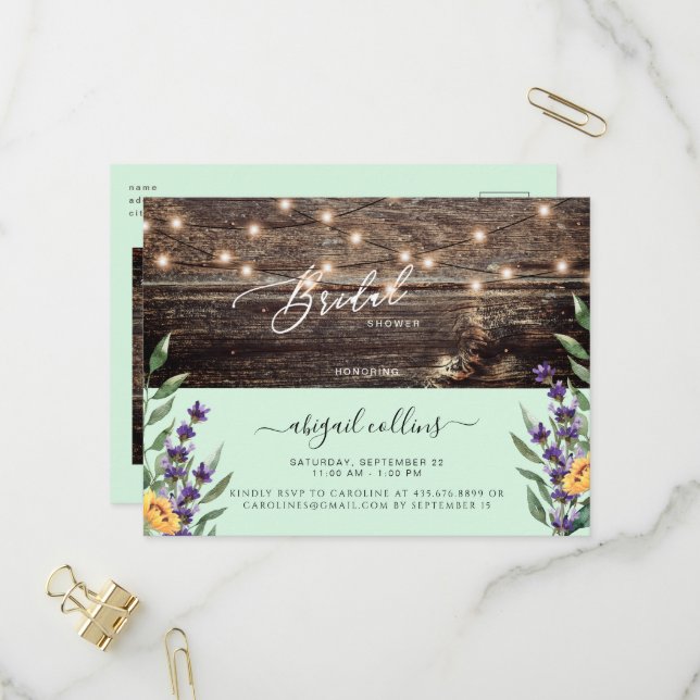 Invitation Carte Postale Mariée de tournesol et de lavande rustique (Devant/Arrière en situation)