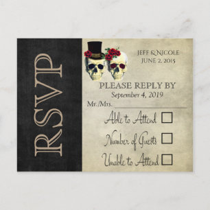 Invitation Carte Postale Mariée et salle de jeu Crâne Goth Rustique Mariage