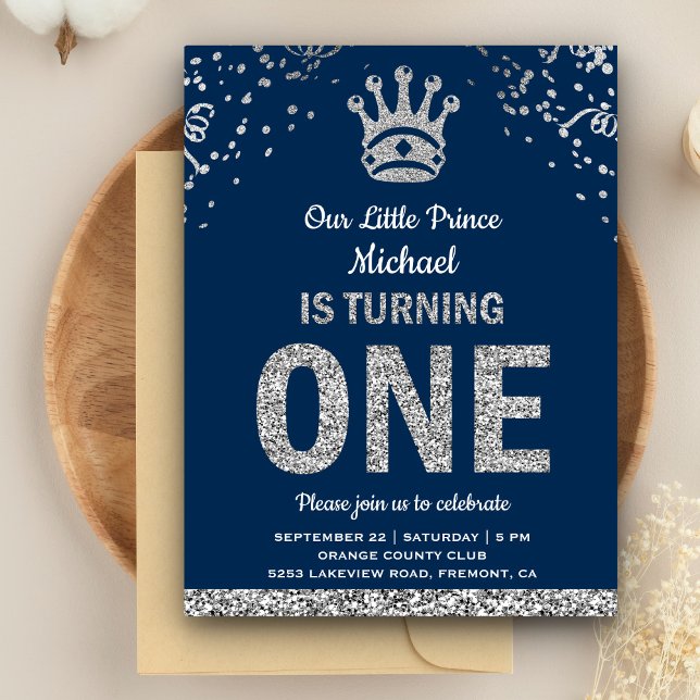 Invitation Carte Postale Marine Bleu Argent Royal Prince Premier anniversai (Créateur téléchargé)