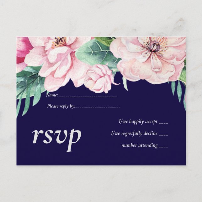 Invitation Carte Postale Marine bleu rose Floral moderne Budget Mariage (Devant)