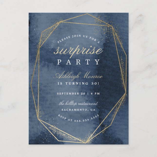 Invitation Carte Postale Marine & Gold cadre géométrique Surprise Party (Devant)