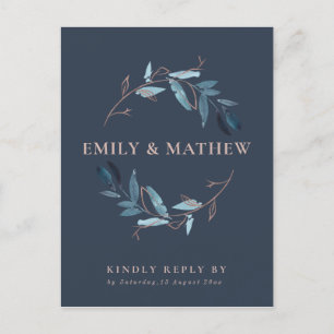 INVITATION CARTE POSTALE MARINE GOLD FOLIAGE WATERCOLOR WREATING RSVP