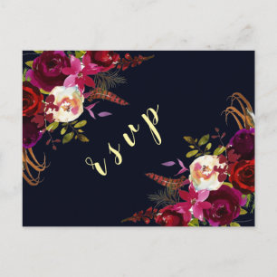 Invitation Carte Postale Marine Marsala Boho Floral Mariage d'automne RSVP