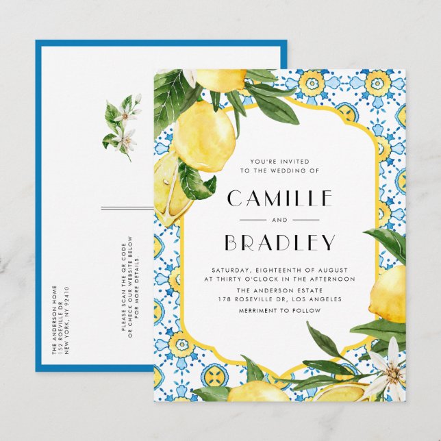 Invitation Carte Postale Marocain Carreaux Motif et citrons QR Code Mariage (Devant / Derrière)