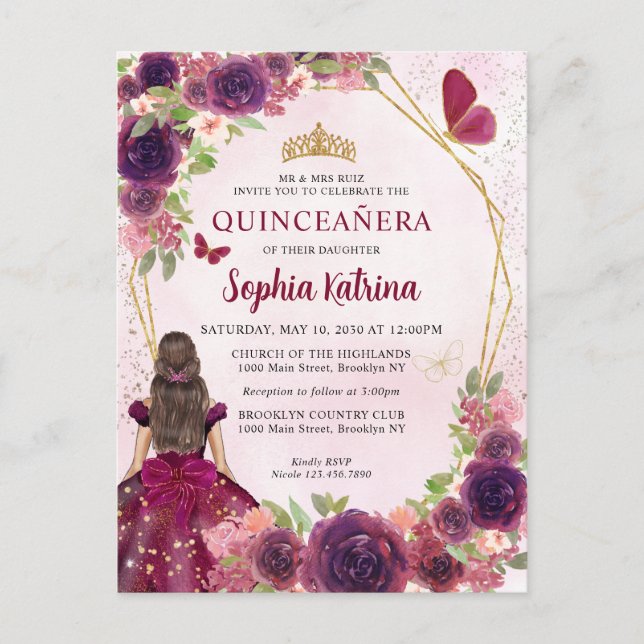 Invitation Carte Postale Maroon Rouge Plum or Floral Princesse Quinceañera (Devant)