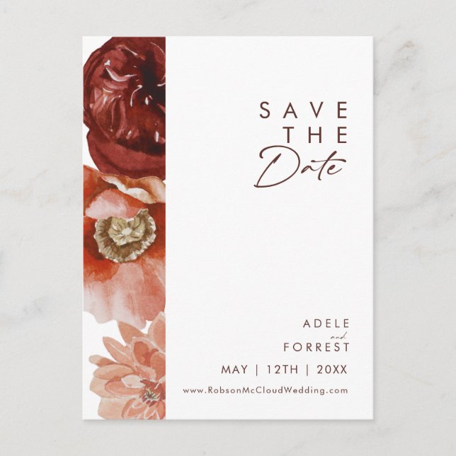 Invitation Carte Postale Marsala Automne Floral Blanc Enregistrer La Date C (Devant)