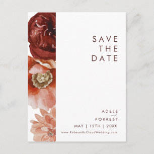 Invitation Carte Postale Marsala Automne Floral Blanc Enregistrer La Date C