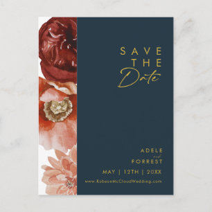Invitation Carte Postale Marsala Automne Floral Navy Enregistrer La Date Ca