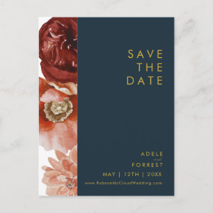 Invitation Carte Postale Marsala Automne Floral Navy Enregistrer La Date Ca