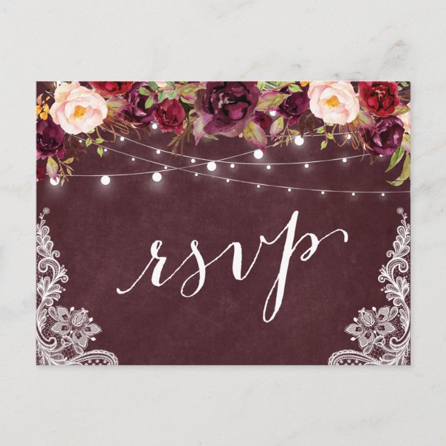 Invitation Carte Postale Marsala Floral String Lumières Dentelle Mariage RS (Devant)