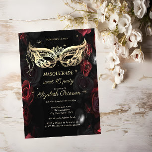 Invitation Carte Postale Mascarade Fleurs rouges foncées gothiques Sweet 16
