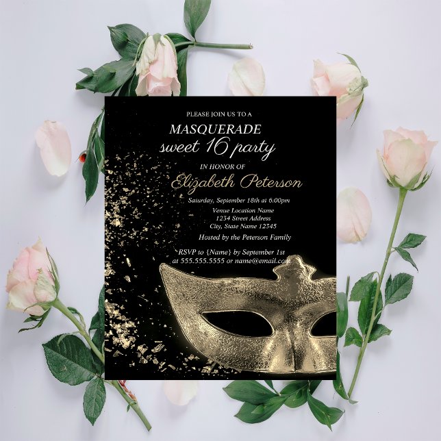 Invitation Carte Postale Mascarade Gold Masque Black Sweet 16 (Créateur téléchargé)