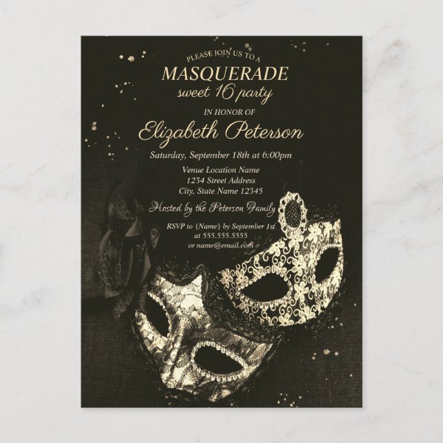 Invitation Carte Postale Mascarade noire chic, Masque Sweet 16 (Devant)
