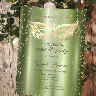 Invitation Carte Postale Mascarade Or Diamants Vert Métallisé Sweet 16