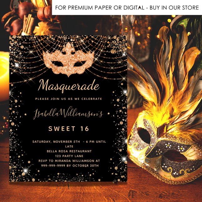 Invitation Carte Postale Mascarade or noir parties scintillant poussière Sw (Créateur téléchargé)