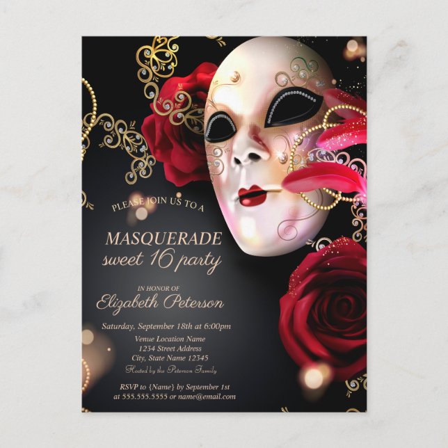 Invitation Carte Postale Mascarade Roses rouges doux 16 (Devant)