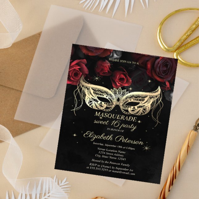Invitation Carte Postale Mascarade Roses rouges Gothique Sweet 16 (Créateur téléchargé)