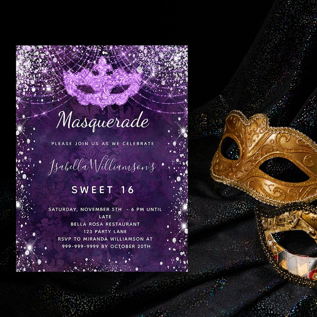 Invitation Carte Postale Mascarade violet argent parties scintillant poussi (Créateur téléchargé)