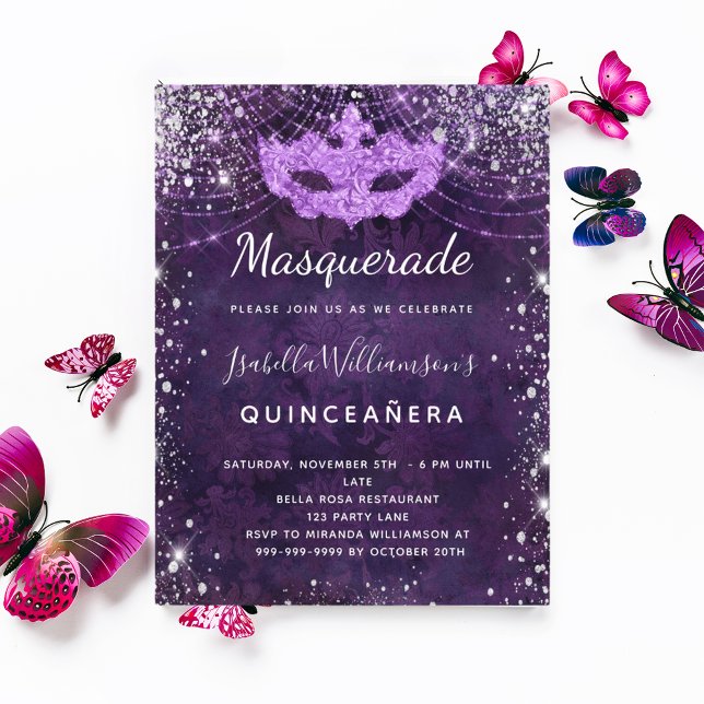 Invitation Carte Postale Mascarade violet argent parties scintillant poussi (Créateur téléchargé)