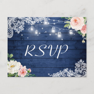 Invitation Carte Postale Mason Jar éclaire Floral Rustique Blue Wedding RSV