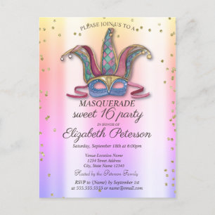 Invitation Carte Postale Masque coloré Diamants Mascarade Sweet 16