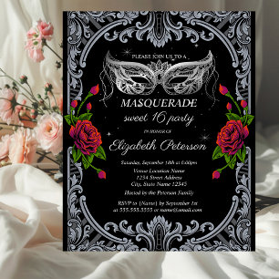 Invitation Carte Postale Masque d'Argent Roses Rouges Gothique 16 Ans Douce