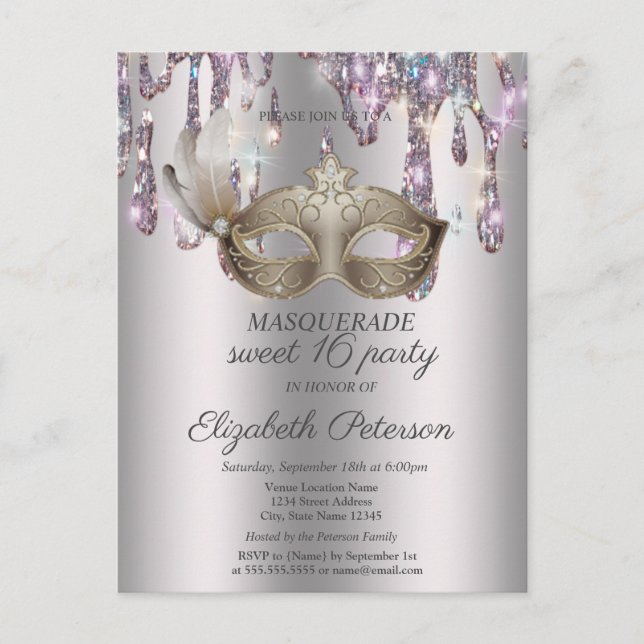 Invitation Carte Postale Masque, Déchets, Masquerade Sweet 16 (Devant)