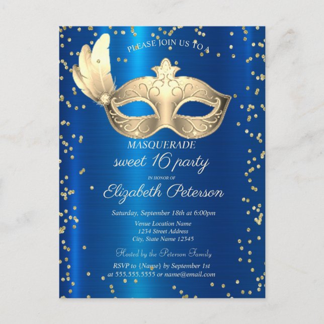Invitation Carte Postale Masque Diamants Bleu Métal Mascarade (Devant)