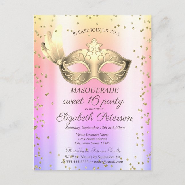Invitation Carte Postale Masque Diamants Ombre Masquerade Sweet 16 (Devant)