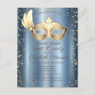 Invitation Carte Postale Masque Diamonds Blue Metallalic Sweet 16