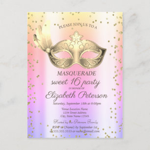 Invitation Carte Postale Masque Diamonds Ombre Mascarade Sweet 16